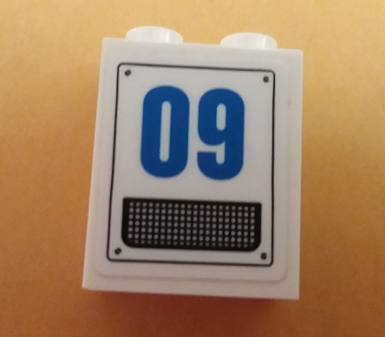 Brick 1 x 2 x 2 with Inside Stud Holder with Blue '09' and Grille Pattern (Sticker) - Set 60167