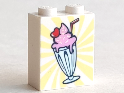 Brick 1 x 2 x 2 with Inside Stud Holder with Bright Pink Milkshake with Red Straw and Heart Shaped Cherry in Light Aqua Glass Pattern