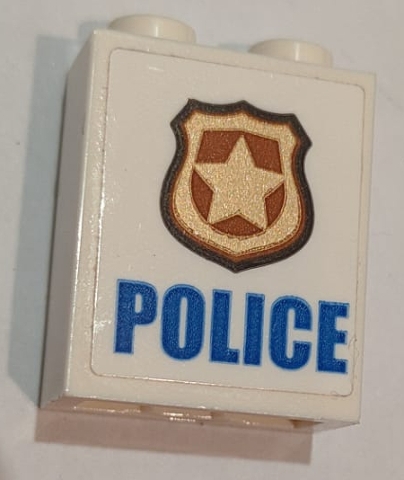 Brick 1 x 2 x 2 with Inside Stud Holder with Blue 'POLICE', Gold and Copper Badge Pattern (Sticker) - Set 60139