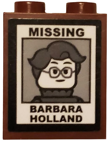 Brick 1 x 2 x 2 with Inside Stud Holder with 'MISSING', Woman Minifigure with Glasses, and 'BARBARA HOLLAND' Pattern (Sticker) - Set 75810