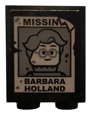 Brick 1 x 2 x 2 with Inside Stud Holder with 'MISSIN', Woman Minifigure with Glasses, and 'BARBARA HOLLAND' Pattern (Sticker) - Set 75810