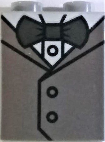 Brick 1 x 2 x 2 with Inside Stud Holder with White Shirt, Metallic Silver Vest and Dark Bluish Gray Bow Tie Pattern (BrickHeadz Groom)