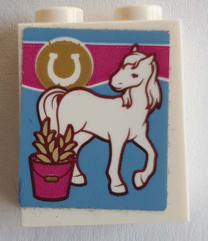 Brick 1 x 2 x 2 with Inside Stud Holder with Horseshoe,  Horse and Grain in Bucket Pattern (Sticker) - Set 41126