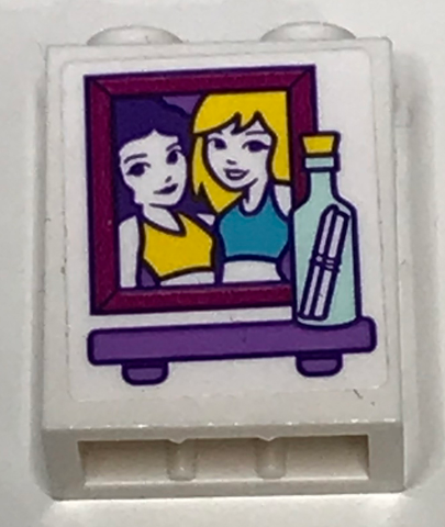 Brick 1 x 2 x 2 with Inside Stud Holder with Girls in Picture and Glass Bottle on Shelf Pattern (Sticker) - Set 41317