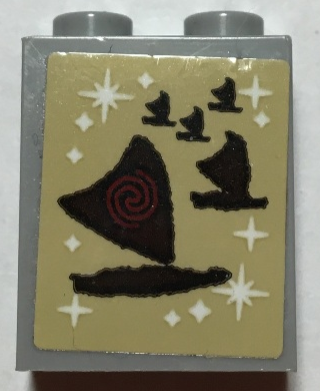 Brick 1 x 2 x 2 with Inside Stud Holder with Polynesian Canoe with Triangular Sail, Red Spiral and White Stars on Tan Background Pattern (Sticker) - Set 41149