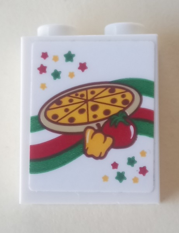 Brick 1 x 2 x 2 with Inside Stud Holder with Stars, Pizza, Pepper and Tomato Pattern (Sticker) - Set 41311