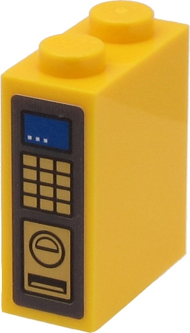 Brick 1 x 2 x 2 with Inside Stud Holder with Blue Display and Gold Keypad and Slots on Dark Bluish Gray Background Pattern (Sticker) - Set 60271