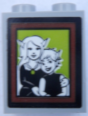 Brick 1 x 2 x 2 with Inside Stud Holder with 2 Black and White Elves Portrait on Lime Background and Reddish Brown Frame Pattern (Sticker) - Set 41188