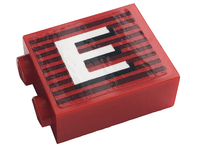 Brick 1 x 2 x 2 with Inside Stud Holder with Gray Stripes and White Capital Letter E Pattern Model Left Side (Sticker) - Set 10272