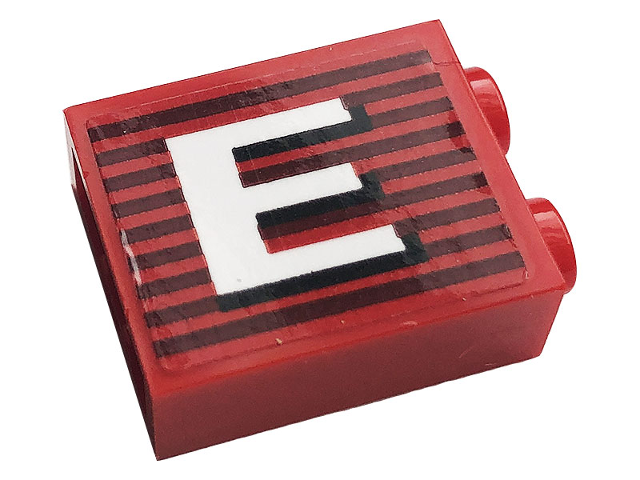 Brick 1 x 2 x 2 with Inside Stud Holder with Gray Stripes and White Capital Letter E Pattern Model Right Side (Sticker) - Set 10272