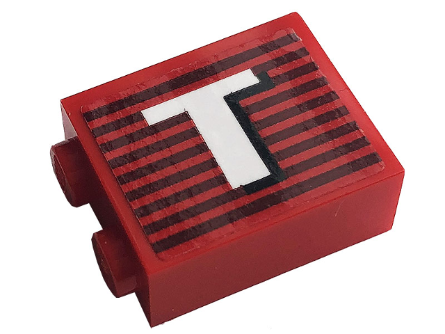 Brick 1 x 2 x 2 with Inside Stud Holder with Gray Stripes and White Capital Letter T Pattern Model Left Side (Sticker) - Set 10272