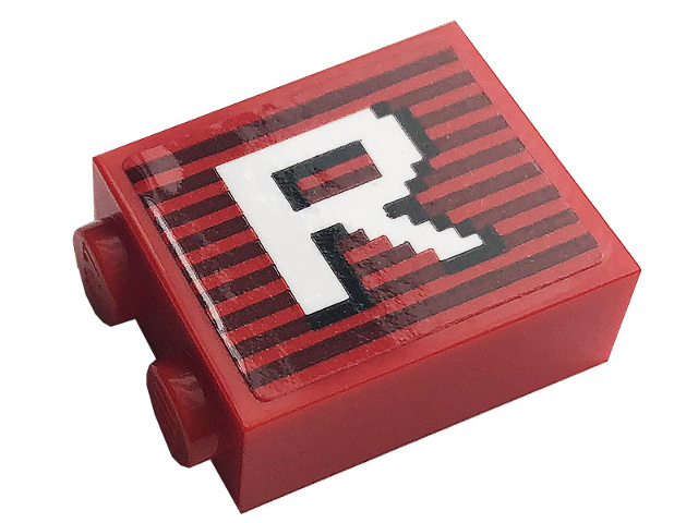 Brick 1 x 2 x 2 with Inside Stud Holder with Gray Stripes and White Capital Letter R Pattern (Sticker) - Set 10272