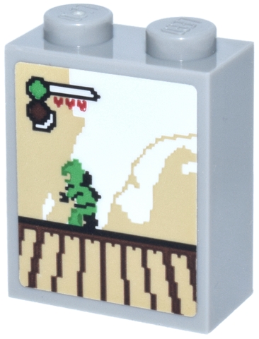 Brick 1 x 2 x 2 with Inside Stud Holder with Arcade Platform Game Screen with Health Bar and Bright Green Ninja Minifigure Pattern (Sticker) - Set 70657