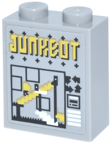 Brick 1 x 2 x 2 with Inside Stud Holder with Yellow 'JUNKBOT' Arcade Game Screen, Black Plus and Recycling Arrows Symbols, and White Stairs and Lines Pattern (Sticker) - Set 70657
