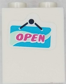 Brick 1 x 2 x 2 with Inside Stud Holder with Dark Pink 'OPEN' on Medium Azure and Light Aqua Sign Pattern (Sticker) - Set 41430