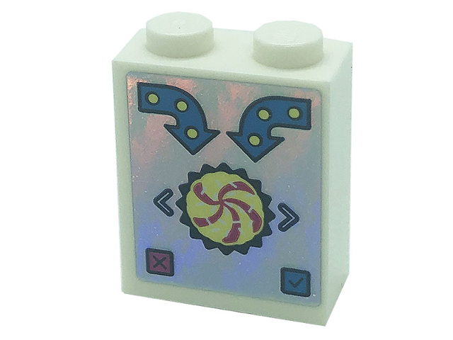 Brick 1 x 2 x 2 with Inside Stud Holder with Dark Azure Arrows, Cupcake, and Buttons on Iridescent Mirrored Background Pattern (Sticker) - Set 41366