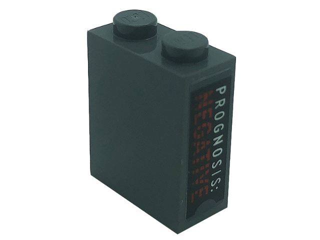 Brick 1 x 2 x 2 with Inside Stud Holder with 'PROGNOSIS:' and 'NEGATIVE' on Black Background Pattern (Sticker) - Set 21328