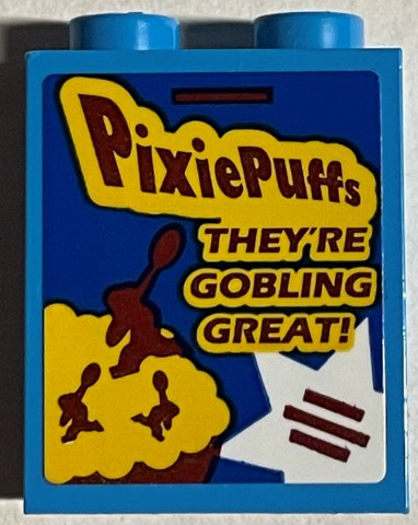 Brick 1 x 2 x 2 with Inside Stud Holder with Dark Red 'PixiePuffs' and 'THEY'RE GOBLING GREAT!' Cereal with White Star Pattern (Sticker) - Set 76389