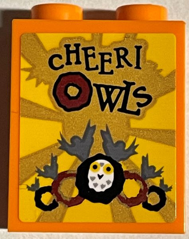 Brick 1 x 2 x 2 with Inside Stud Holder with 'CHEERI OWLS' and Rings on Gold and Yellow Sunburst Background Pattern (Sticker) - Set 76389