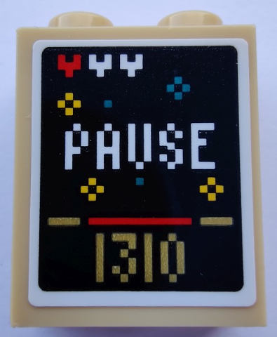 Brick 1 x 2 x 2 with Inside Stud Holder with Pixelated Video Game Screen with 'PAUSE' and '1310' Pattern (Sticker) - Set 80012