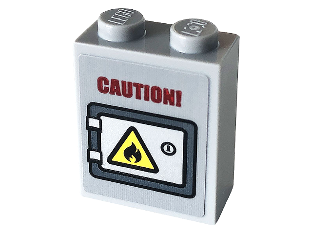 Brick 1 x 2 x 2 with Inside Stud Holder with Red 'CAUTION!' and Door with Yellow Fire Warning Sign Pattern (Sticker) - Set 77943