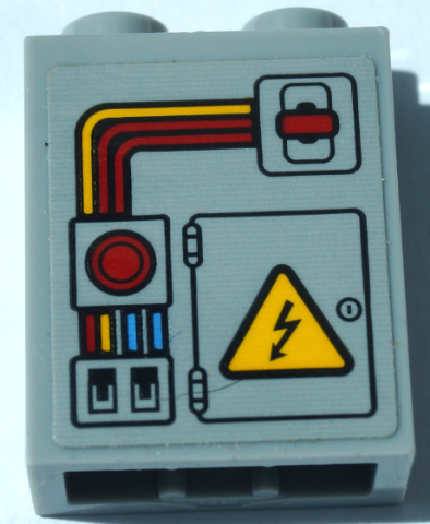 Brick 1 x 2 x 2 with Inside Stud Holder with Red and Yellow Electrical Switches and Wires and Warning Sign on Door Pattern (Sticker) - Set 60231