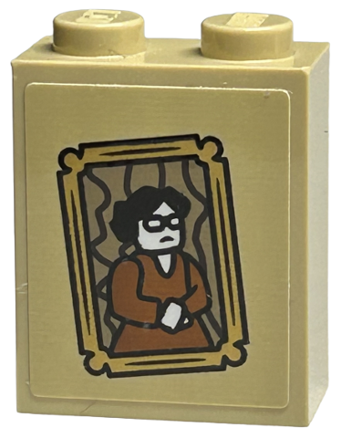Brick 1 x 2 x 2 with Inside Stud Holder with Picture of Woman in Glasses and Dark Orange Dress in Gold Frame Pattern (Sticker) - Set 40577