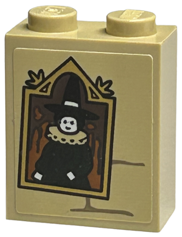 Brick 1 x 2 x 2 with Inside Stud Holder with Picture of Wizard with Neck Ruff in Gold Frame, Bricks and Dark Tan Mortar Pattern (Sticker) - Set 40577