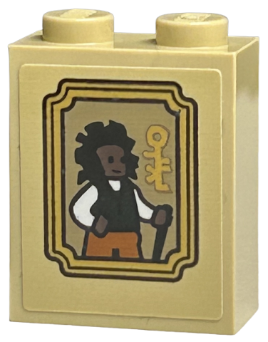 Brick 1 x 2 x 2 with Inside Stud Holder with Picture of Man with Staff and Symbol in Gold Frame Pattern (Sticker) - Set 40577