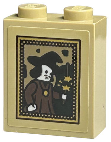 Brick 1 x 2 x 2 with Inside Stud Holder with Picture of Wizard with Medallion, Wand and Stars in Gold Frame Pattern (Sticker) - Set 40577