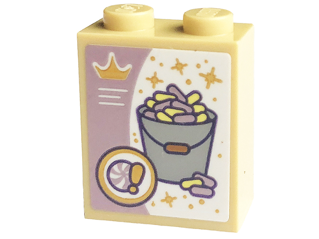 Brick 1 x 2 x 2 with Inside Stud Holder with Gold Stars and Crown and Light Bluish Gray Bucket with Horse Treats Pattern (Sticker) - Set 43195