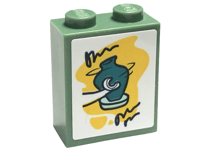 Brick 1 x 2 x 2 with Inside Stud Holder with Pottery with Dark Turquoise Vase and White Hand on Yellow Background Pattern (Sticker) - Set 41711