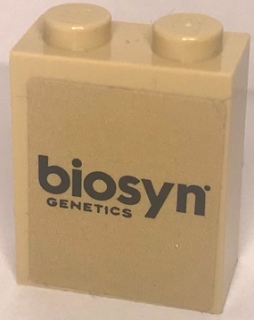Brick 1 x 2 x 2 with Inside Stud Holder with Black 'biosyn GENETICS' Pattern (Sticker) - Set 76951