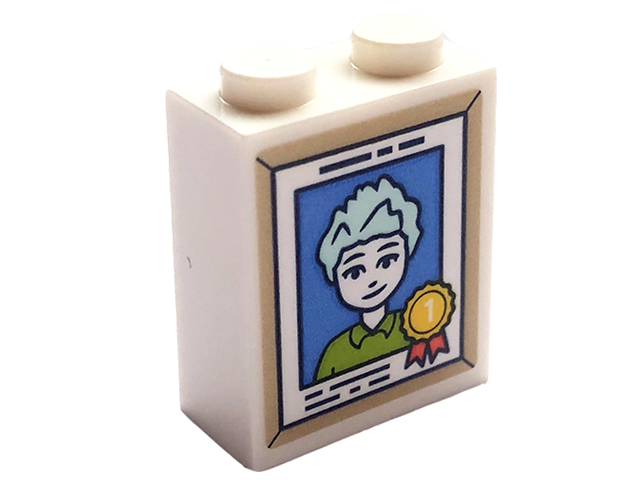 Brick 1 x 2 x 2 with Inside Stud Holder with Picture of Friends Minifigure Charli with Light Aqua Hair and Number 1 Award Ribbon in Tan Frame Pattern (Sticker) - Set 41728