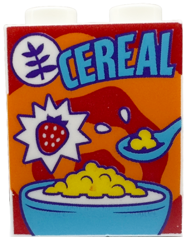 Brick 1 x 2 x 2 with Inside Stud Holder with Medium Azure 'CEREAL', Spoon, and Bowl, Strawberry on Orange and Red Swirl Background Pattern