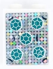 Brick 1 x 2 x 2 with Inside Stud Holder with 5 Dark Turquoise Hexagonal Gems on Silver Holographic Glitter Background Pattern (Sticker) - Set 41255