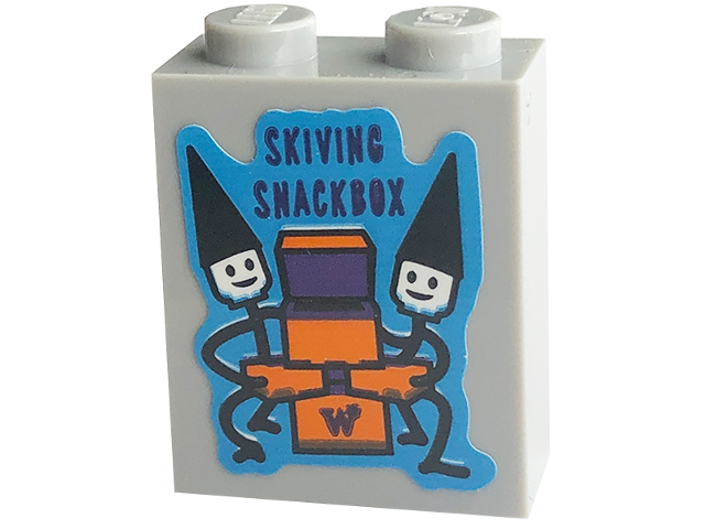 Brick 1 x 2 x 2 with Inside Stud Holder with 'SKIVING SNACKBOX' and 2 Black Figures with Black Hats Pattern (Sticker) - Set 76422