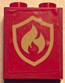 Brick 1 x 2 x 2 with Inside Stud Holder with Bright Light Yellow Fire Logo Badge Pattern (Sticker) - Set 60216