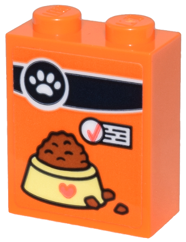 Brick 1 x 2 x 2 with Inside Stud Holder with Pet Food Box with Paw Label, Bowl, and Check Mark Pattern (Sticker) - Set 42615