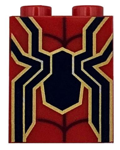 Brick 1 x 2 x 2 with Inside Stud Holder with Dark Blue and Gold Spider and Dark Red Web Pattern (BrickHeadz Iron Spider-Man Torso)