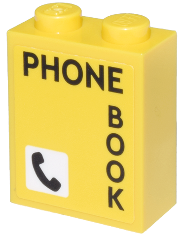 Brick 1 x 2 x 2 with Inside Stud Holder with Black 'PHONE BOOK' and Phone Icon in White Square Pattern (Sticker) - Set 21347