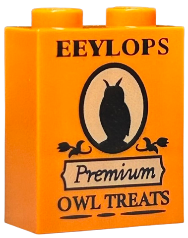 Brick 1 x 2 x 2 with Inside Stud Holder with Black 'EEYLOPS', 'Premium', 'OWL TREATS' and Owl Silhouette on Tan Background Pattern