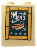 Brick 1 x 2 x 2 with Inside Stud Holder with White 'Menu', Stars, Hot Dog and Number 3 on Dark Blue Background in Bamboo Frame Pattern (Sticker) - Set 41413