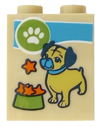 Brick 1 x 2 x 2 with Inside Stud Holder with Pug Dog, Orange Stars, Lime Bowl and White Paw Print in Circle Pattern (Sticker) - Set 41664