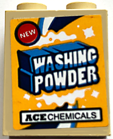 Brick 1 x 2 x 2 with Inside Stud Holder with 'NEW', 'WASHING POWDER' and 'ACE CHEMICALS' on Bright Light Orange Background Pattern (Sticker) - Set 70912