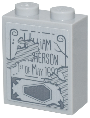 Brick 1 x 2 x 2 with Inside Stud Holder with Tombstone with Dark Bluish Gray Coffin and 'WiLLiAM BUTCHERSON 1ST OF MAY 1693' Pattern (Sticker) - Set 21341
