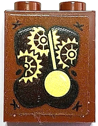Brick 1 x 2 x 2 with Inside Stud Holder with Gold Clock Pendulum and Gears Pattern (Sticker) - Set 70425