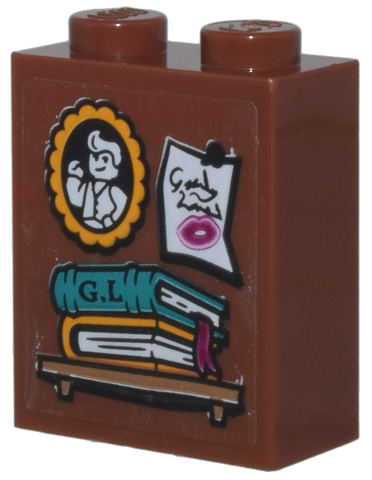 Brick 1 x 2 x 2 with Inside Stud Holder with Gilderoy Lockhart Portrait and Autograph, Shelf, and Books with 'G.L.' Pattern (Sticker) - Set 76437