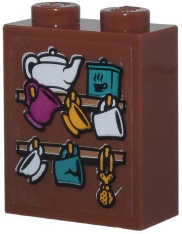 Brick 1 x 2 x 2 with Inside Stud Holder with White Teapot, Dark Turquoise Canister, Magenta and Bright Light Orange Cups Pattern (Sticker) - Set 76437