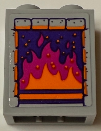 Brick 1 x 2 x 2 with Inside Stud Holder with Fireplace with Bricks, Orange and Magenta Flames and Dots on Dark Purple Background Pattern (Sticker) - Set 43231